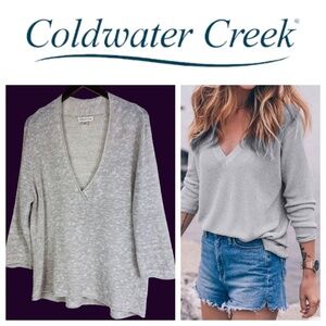 Coldwater Creek XL 1X 18 Thin Sweater Tunic Cover Up V-Neck LINEN Oatmeal Gray